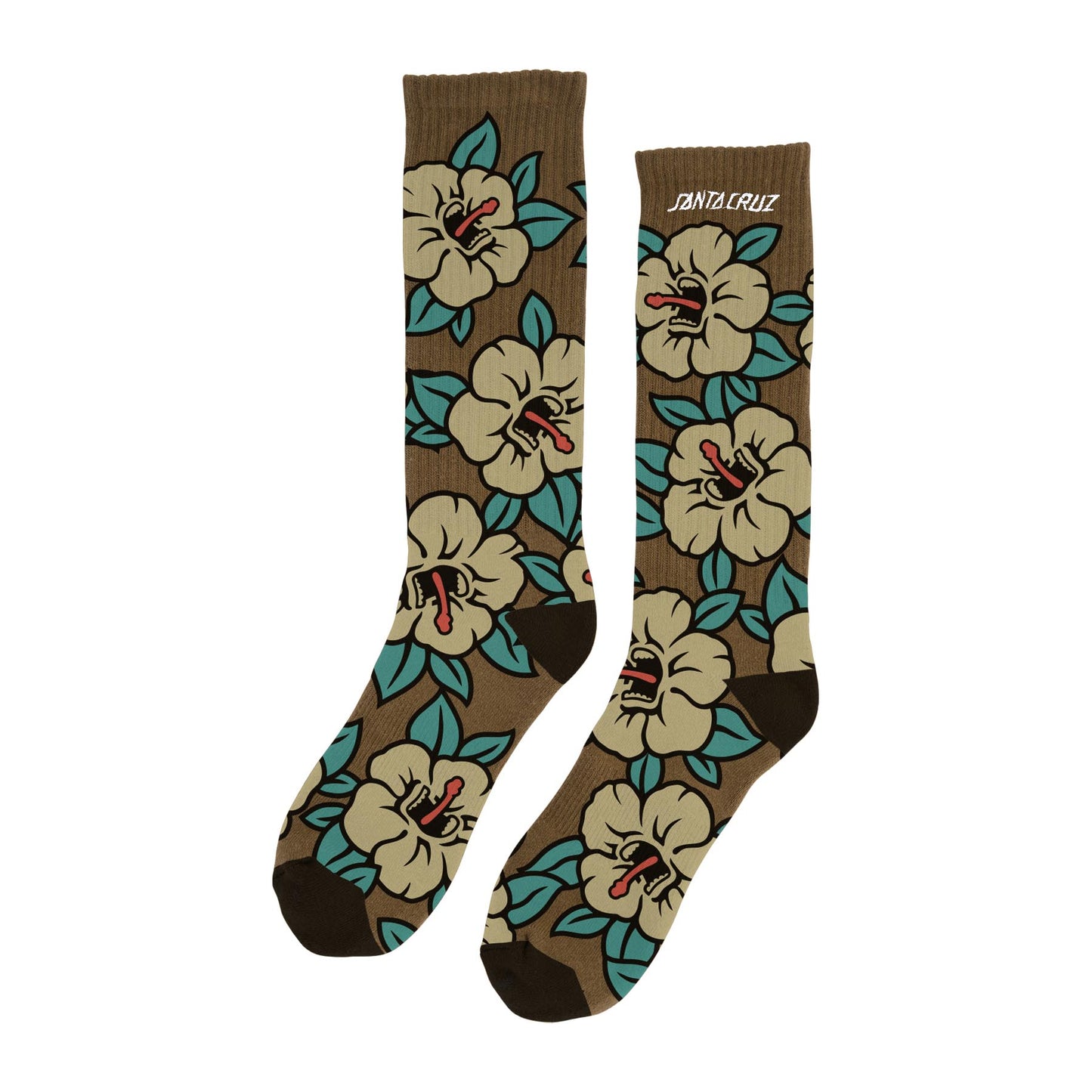 Screaming Hibiscus Mid Crew Socks (Brown)